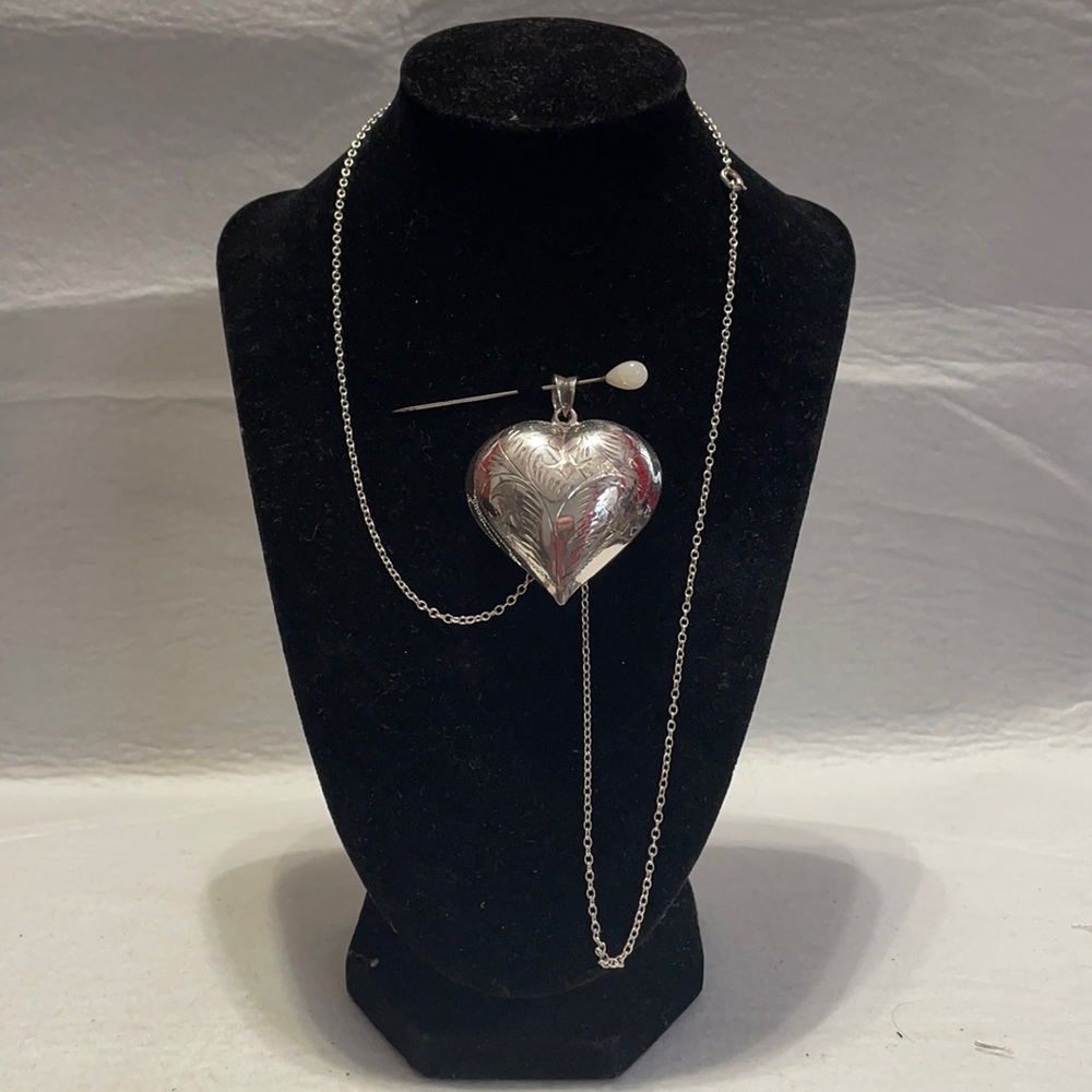 Vintage sterling puffy heart pendant on 27” sterling chain